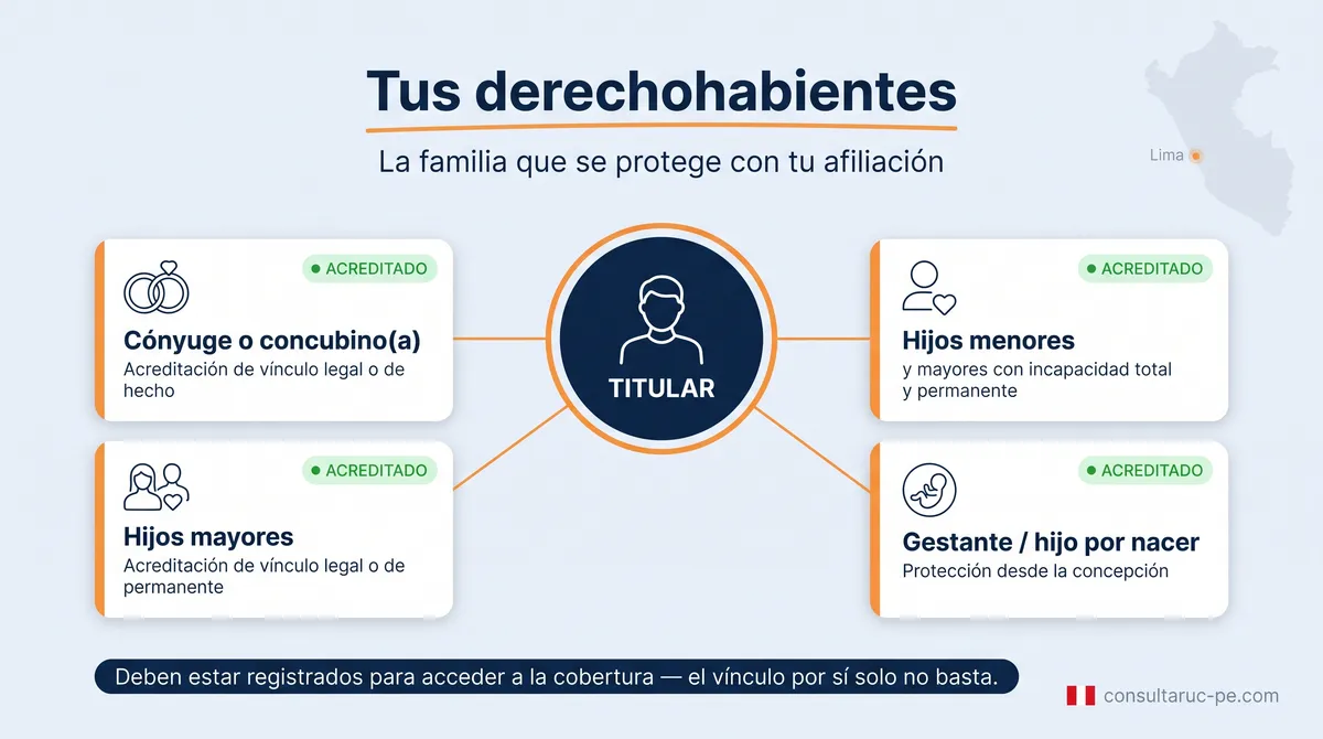 Diagrama radial de los derechohabientes de EsSalud: un titular en el centro conectado a cónyuge o concubino, hijos menores y la gestante, cada uno marcado como acreditado.
