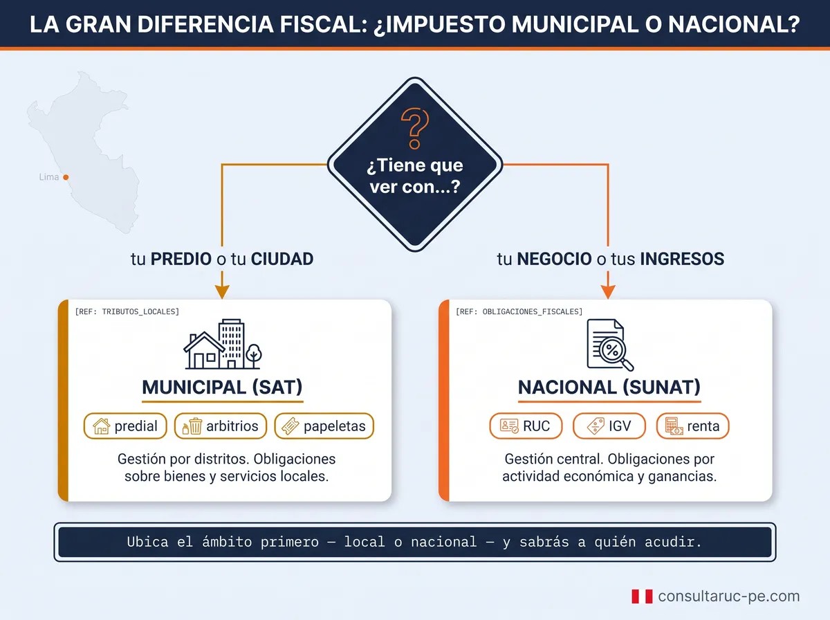 Diagrama de decisión ¿a quién le pago qué?: si tiene que ver con tu predio o ciudad vas al SAT municipal (predial, arbitrios, papeletas); si tiene que ver con tu negocio o ingresos vas a la SUNAT nacional (RUC, IGV, renta).